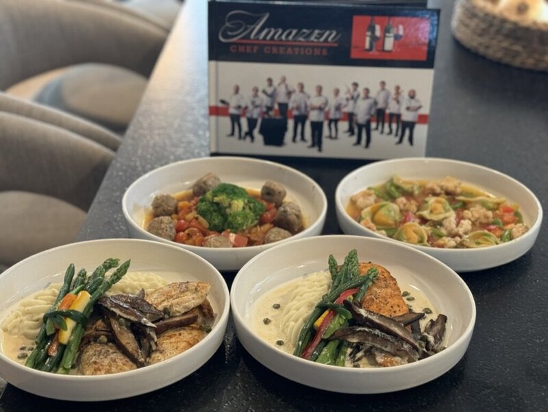 Multiple plated Amazen dinner selections ready for service